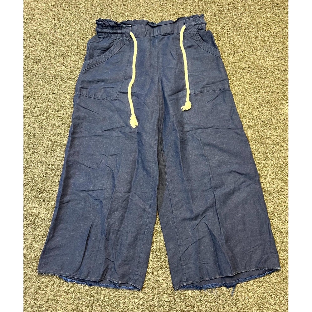 Loft Cropped Pants Womens MP Navy Blue Chambray Linen Casual Wide Leg Drawstring